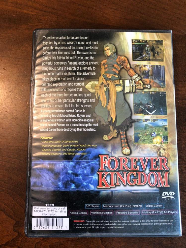 photo of back of bootleg forever kingdom game box. it shows screenshots of the game, plus a synopsis in a very basic looking font. there is an illustration of drumhort. the game specs are inaccurate, such as stating that the game supports 1-2 players.